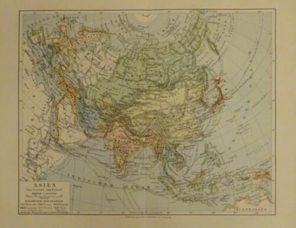 1898 - Asien - Politische Übersicht, Landkarte, alter Druck